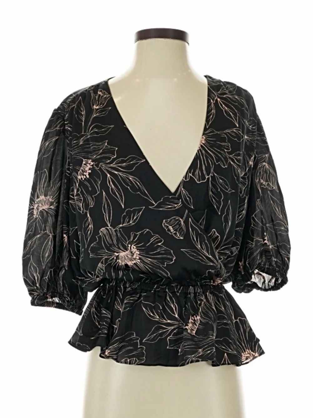 Joie Black Floral Wrap Top with Puff Sleeves